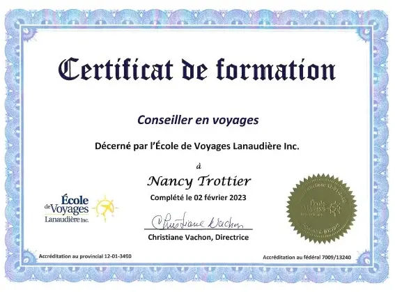 Certificat de formation de conseiller en voyage - Nancy Trottier